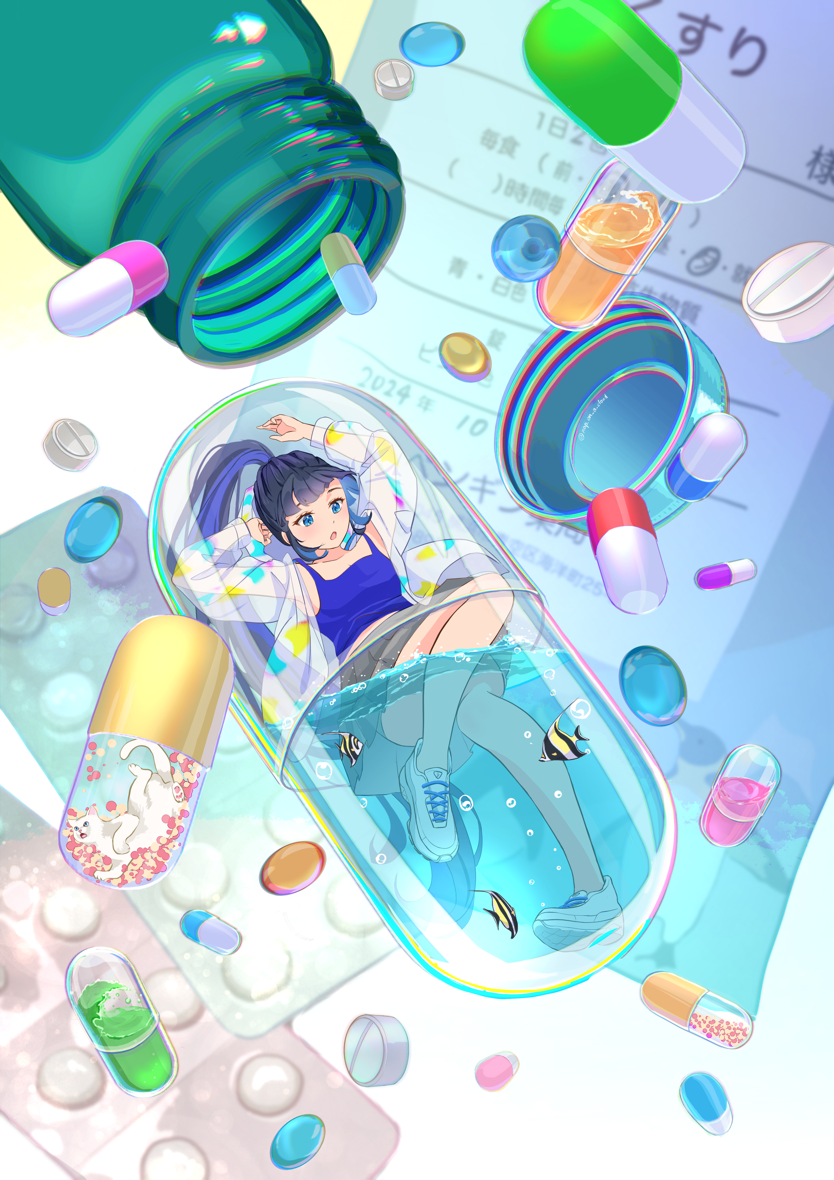 1girl absurdres angelfish black_hair blue_eyes blue_hair blue_tank_top blunt_bangs cat convenient_leg fish grey_skirt highres in_water multicolored_hair nap_on_a_cloud no_socks original pill pill_bottle pleated_skirt ponytail rain_poncho receipt shoes skirt sneakers tank_top tropical_fish two-tone_hair white_cat