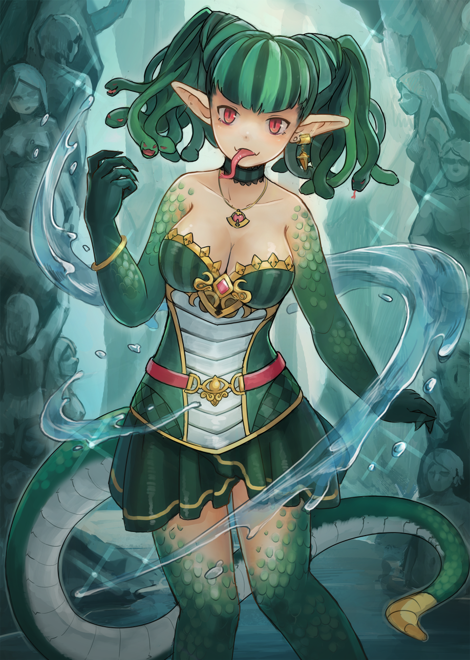 1girl amulet bare_shoulders belt bracelet breasts choker cleavage colored_skin commentary_request cowboy_shot earrings eighran fang full_body green_hair green_scales green_skin highres jewelry long_tongue looking_at_viewer magic medium_breasts miniskirt monster_girl multicolored_hair multicolored_skin original pillar pink_belt pleated_skirt pointy_ears rattlesnake red_eyes ribbon_choker skin_fang skirt slit_pupils snake_hair snake_tail solo statue tail tongue tongue_out twintails two-tone_hair two-tone_skin water