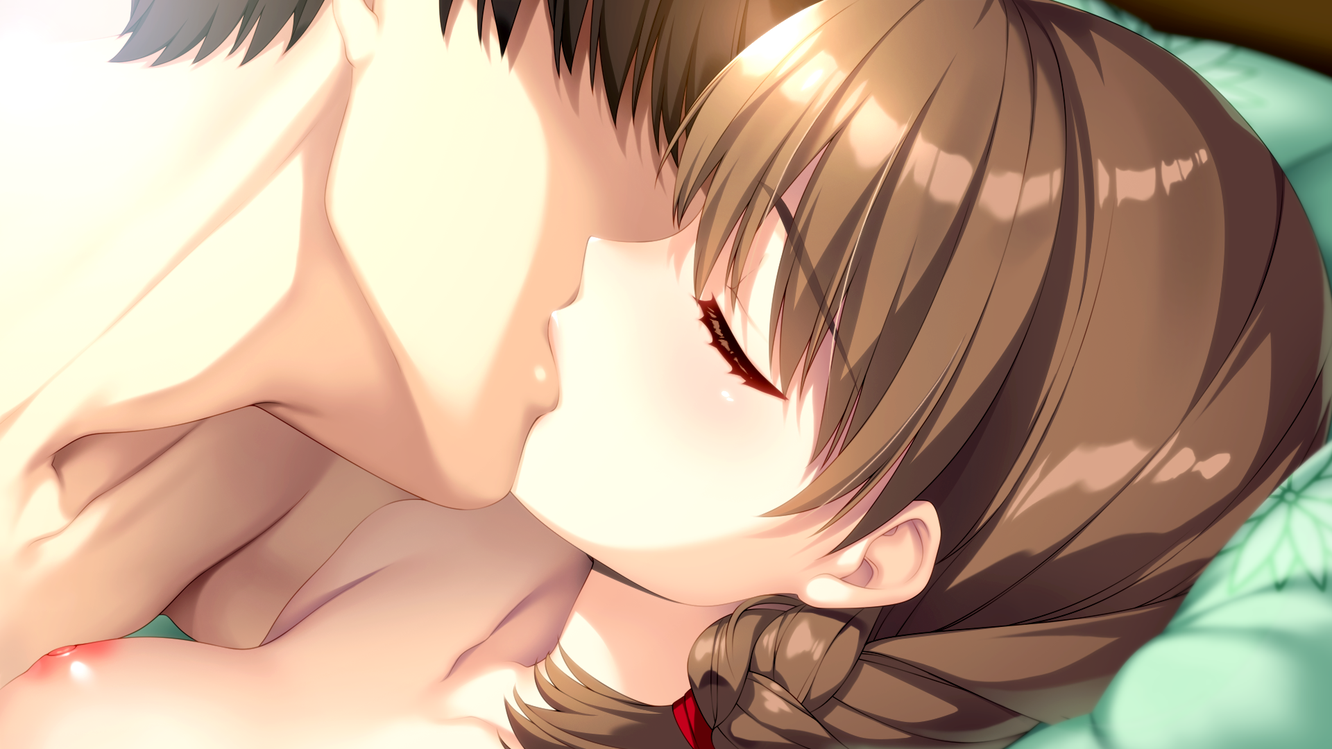 1boy 1girl braid breasts brown_hair closed_eyes couple doukyuusei_(series) doukyuusei_2 game_cg hetero highres kiss medium_hair nagashima_kumiko nipples nude official_art single_braid small_breasts sumeragi_kohaku