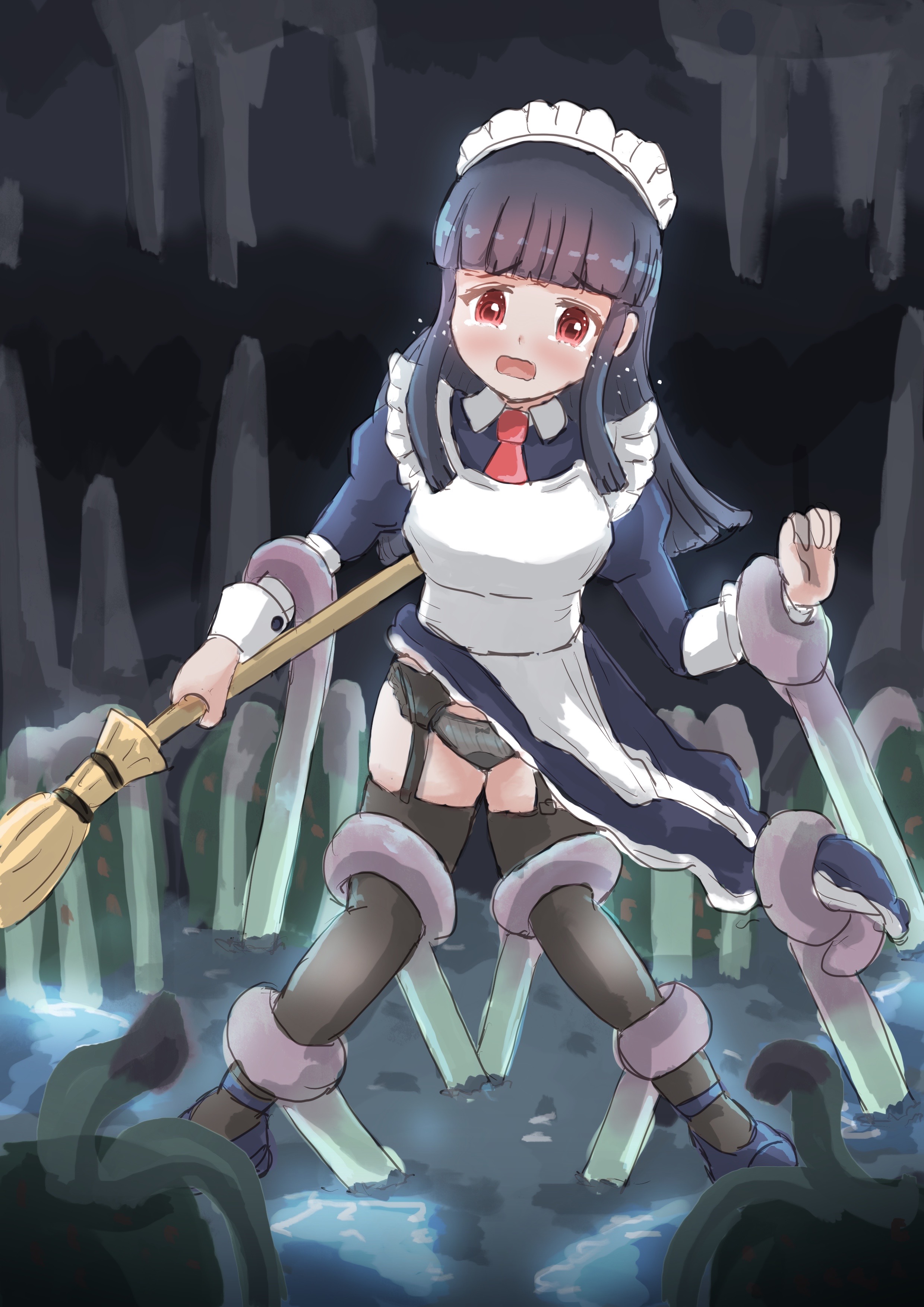 1girl absurdres alice_(ragnarok_online) apron black_dress black_panties black_shoes black_thighhighs blush broom cave_interior commentary crying crying_with_eyes_open dress english_commentary full_body garter_belt highres holding holding_broom hydra_(ragnarok_online) long_hair mahapapaya maid maid_headdress necktie open_mouth panties ragnarok_online red_eyes red_necktie restrained shoes solo stalactite stalagmite standing tears tentacles thighhighs underwear variant_set white_apron
