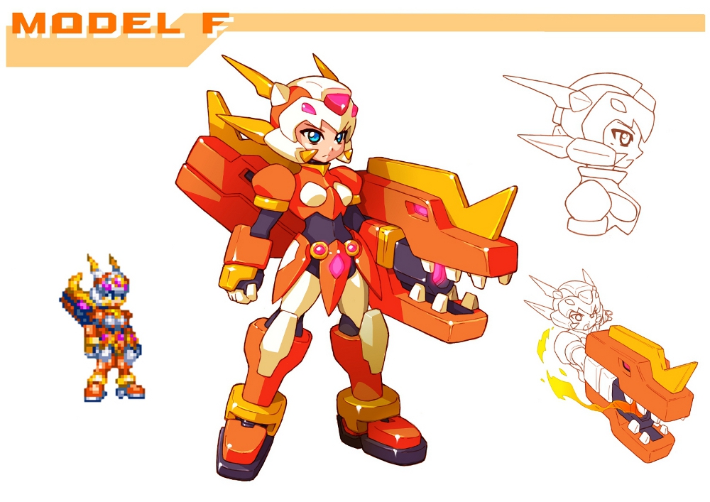 1girl abs alternate_costume alternate_hairstyle arm_cannon armor blue_eyes bodystocking boots breasts ciel_(mega_man) codpiece dual_arm_cannons fake_horns forehead_jewel full_body gauntlets helmet high_heel_boots high_heels horned_helmet horns mega_man_(series) mega_man_zero_(series) mega_man_zx model_f_(mega_man) sleeveless small_breasts sprite_art thigh_armor thighs tomycase weapon white_background