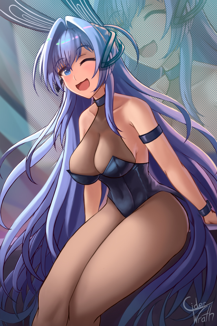 1girl animal_ears artist_name azur_lane bare_shoulders blue_eyes blue_hair breasts choker ciderwrath cleavage collarbone fake_animal_ears garter_straps hair_ornament hair_intakes happy large_breasts leotard long_hair new_jersey_(azur_lane) new_jersey_(exhilarating_steps!)_(azur_lane) official_alternate_costume one_eye_closed open_mouth pantyhose rabbit_ears sideboob skindentation very_long_hair wink