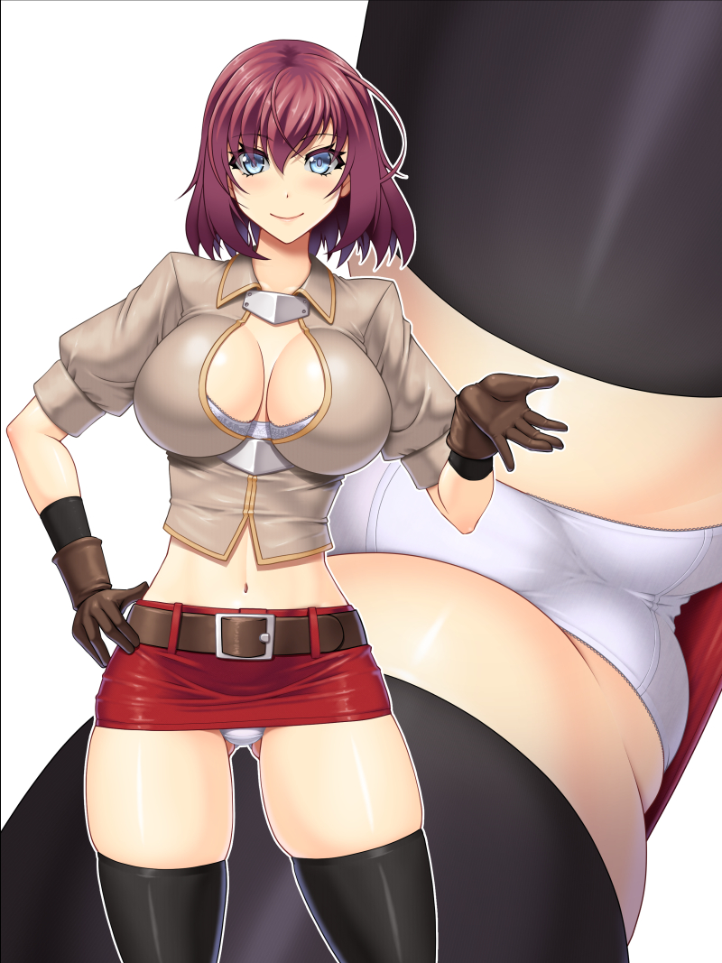 abu ass belt black_legwear blue_eyes bra breasts brown_belt brown_gloves brown_shirt closed_mouth cowboy_shot from_below gloves hand_on_own_hip large_breasts legs_apart looking_at_viewer miniskirt miria_(abu) mtu_virus multiple_views navel original panties red_hair red_skirt shiny_skin shirt short_hair simple_background skirt smile standing thighhighs thighs underwear upskirt white_background white_bra white_panties
