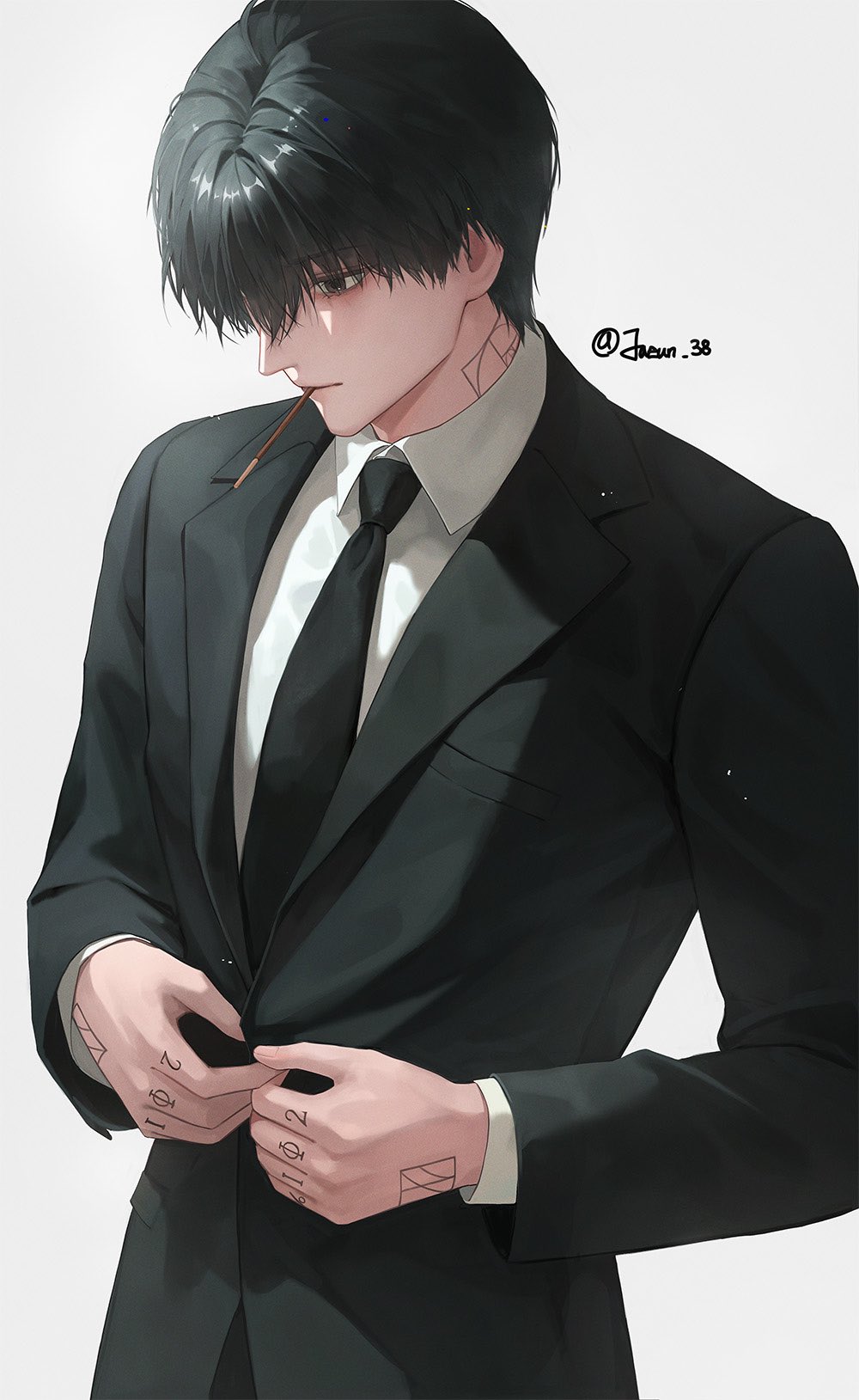 1boy black_eyes black_hair black_jacket black_necktie buttoning collared_shirt commentary fibonacci_sequence finger_tattoo food food_in_mouth hand_tattoo highres jacket jaeun_38 lapels male_focus nagumo_(sakamoto_days) neck_tattoo necktie notched_lapels pocky pocky_in_mouth sakamoto_days shirt short_hair simple_background solo tattoo twitter_username upper_body white_background white_shirt