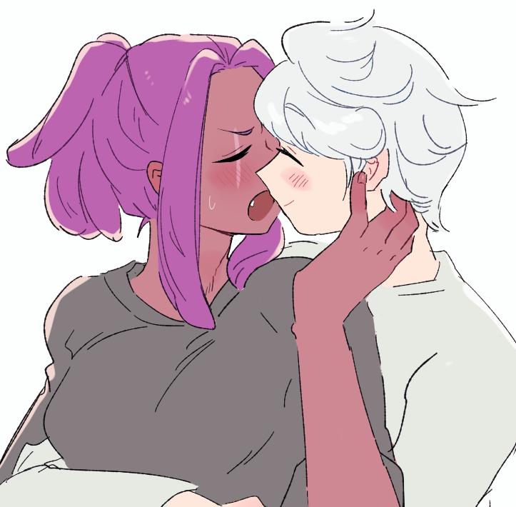 2boys about_to_kiss black_shirt blush closed_eyes closed_mouth colored_skin cookie_run curly_hair dreadlocks face-to-face facial_mark fang furrowed_brow hair_tie hair_tied hair_tied_up hair_up hand_on_another&#039;s_cheek hand_on_another&#039;s_face happy hat hug hug_from_behind hugging_partner humanization long_sleeves male_focus markings medium_hair milk_cookie multiple_boys niwa_(niwa827) open_mouth pale_skin pectorals purple_hair purple_skin purple_yam_cookie shirt short_hair short_sleeves sidelocks sleeves_rolled_up smile sweatdrop tagme teeth tsundere upper_body white_hair white_hat white_shirt white_skin yaoi