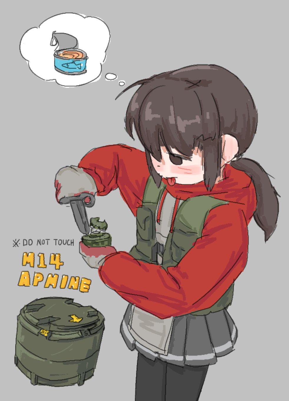 1girl black_pantyhose blush brown_eyes brown_hair clueless combat_knife english_text explosive feet_out_of_frame gloves green_vest grey_background grey_gloves grey_skirt highres holding holding_knife hood hood_down hoodie knife long_hair long_sleeves low_ponytail mine_(weapon) opening_can original pantyhose pleated_skirt ponytail qoni321 red_hoodie simple_background skirt solo speech_bubble standing thought_bubble tongue tongue_out vest weapon