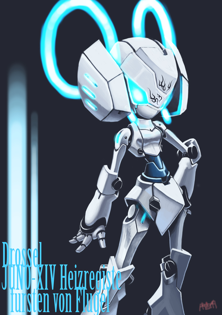1girl blue_eyes colored_skin drossel_von_flugel fireball_(series) glowing glowing_eyes highres humanoid_robot joints mechanical_hair no_mouth redesign robot robot_girl robot_joints solo unco_xo white_skin