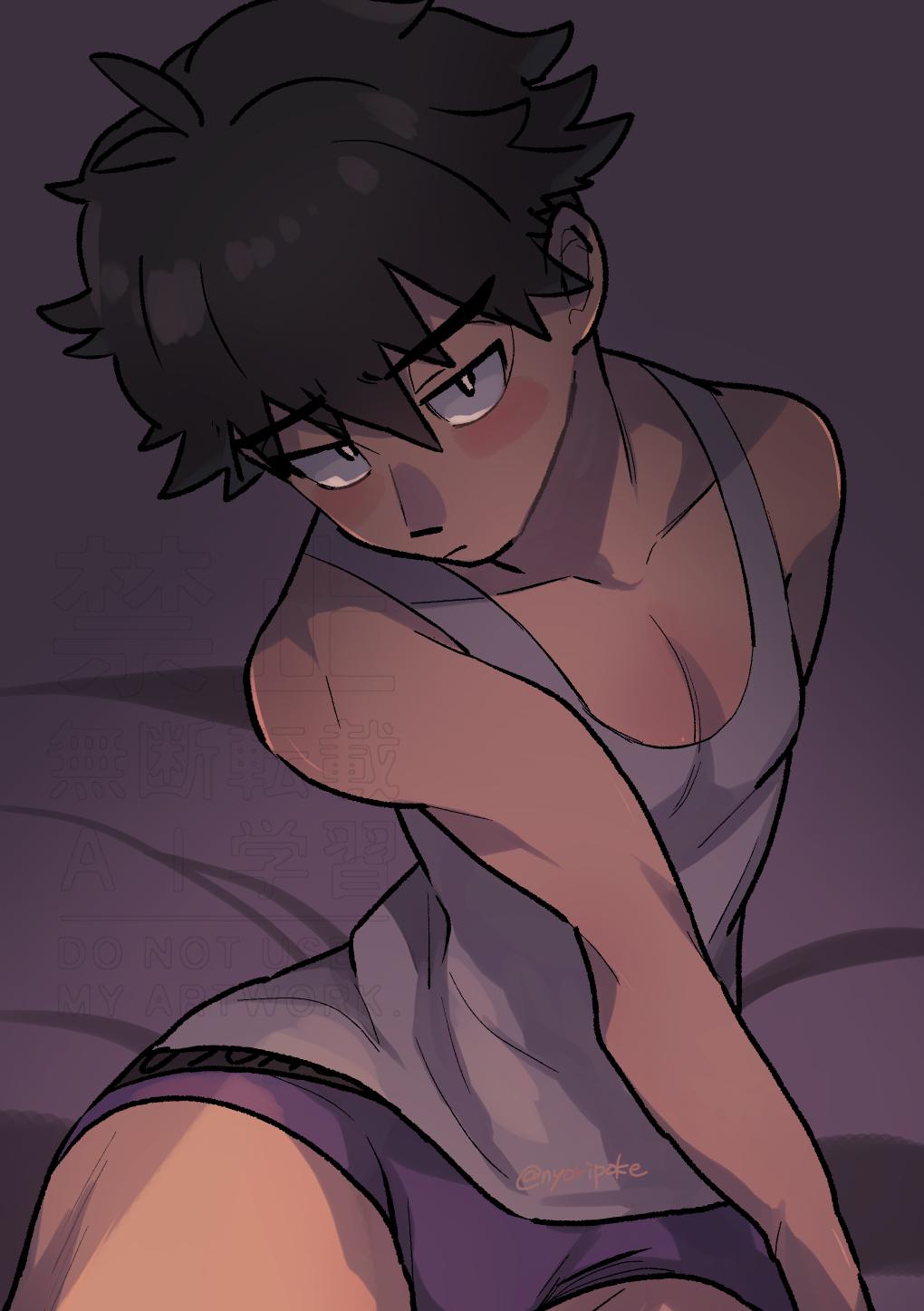 1boy aged_down black_eyes black_hair blush_stickers bright_pupils closed_mouth collarbone commentary_request grey_shirt guzma_(pokemon) highres looking_at_viewer looking_up male_focus male_underwear nintendo nyoripoke pokemon pokemon_sm purple_male_underwear shirt short_hair sitting sleeveless sleeveless_shirt solo tank_top underwear
