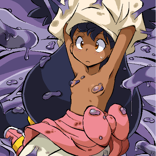 1girl armpits blush breasts brown_eyes dark_skin flat_chest gen_1_pokemon gomatarou_(pixiv196136) iris_(pokemon) long_hair lowres muk nintendo nipples no_bra pantyhose pokemon pokemon_(anime) pokemon_(creature) pokemon_xy_(anime) purple_hair solo_focus sweat topless_female very_long_hair