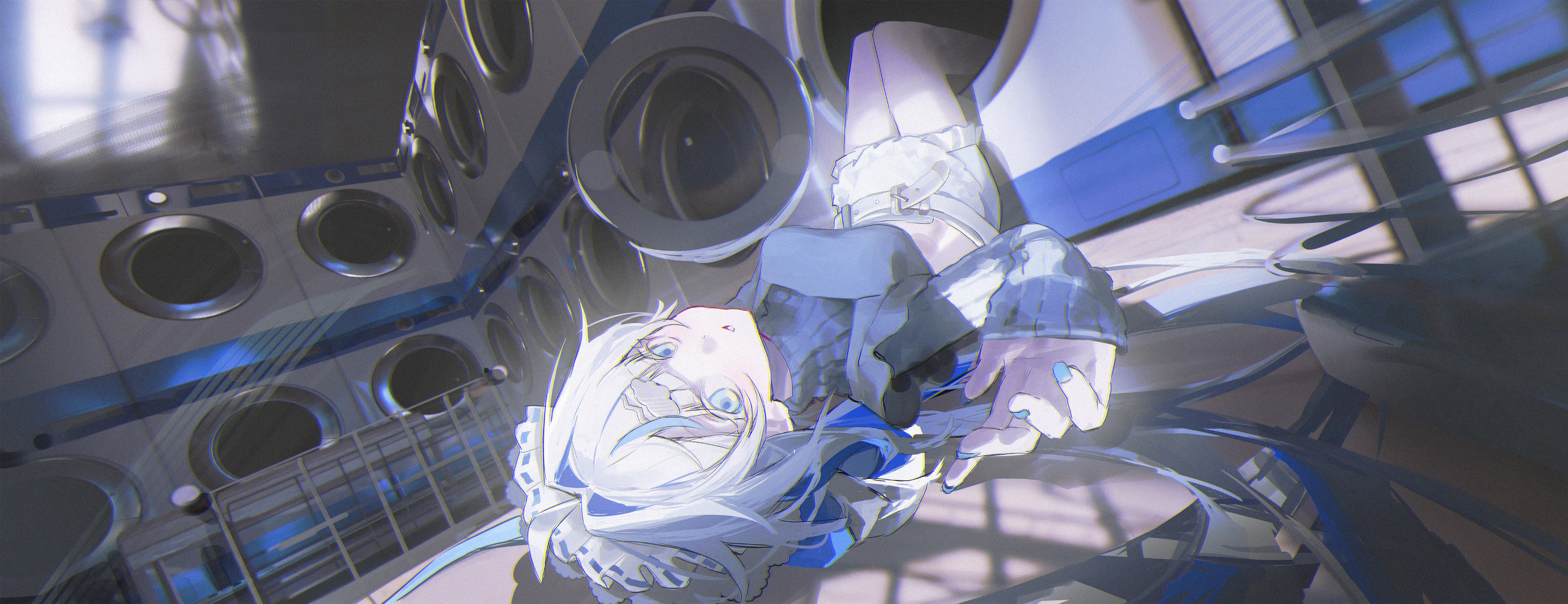 absurdres ahoge aokumo_rin blue_eyes blue_hair blue_nails blue_sweater breasts commentary dutch_angle hair_intakes highres indoors jw_(p_p_pp_pp) large_breasts laundromat laundry_basket looking_at_viewer lying multicolored_hair on_back shorts sleeves_past_wrists solo stellive streaked_hair sweater symbol-only_commentary virtual_youtuber washing_machine white_hair white_shorts