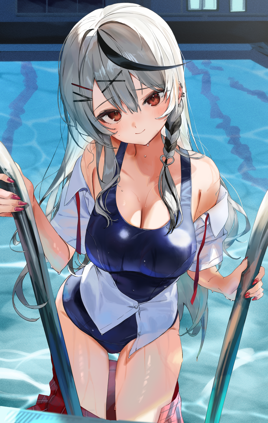 1girl alternate_costume black_streaks blue_one-piece_swimsuit braid breasts center-flap_bangs cleavage closed_mouth clothes_pull collared_shirt commentary_request cowboy_shot day ear_piercing fingernails furofuroppi grey_hair hair_ornament hairpin hands_up head_tilt heart heart_hair_ornament highres holding hololive large_breasts long_hair looking_at_viewer miniskirt multicolored_hair multiple_hairpins nail_polish neck_ribbon off_shoulder one-piece_swimsuit partially_unbuttoned partially_undressed piercing plaid_clothes plaid_skirt pleated_skirt pool pool_ladder poolside pov raised_eyebrows red_eyes red_nails red_skirt refraction ribbon sakamata_chloe sakamata_chloe_(gyarumata) school_swimsuit school_uniform shiny_clothes shiny_swimsuit shirt short_hair short_sleeves side_braid sidelighting skirt skirt_pull smile solo streaked_hair swimsuit swimsuit_under_clothes thighs two-tone_hair undone_neck_ribbon unworn_skirt virtual_youtuber wet wet_clothes wet_hair wet_shirt wet_swimsuit white_shirt x_hair_ornament