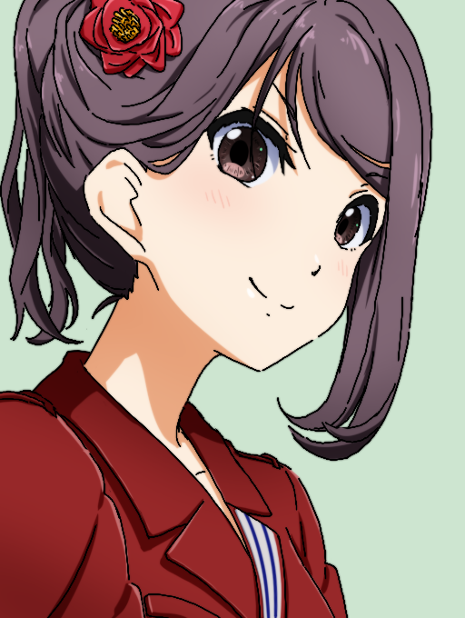 1girl 22/7 alternate_hairstyle asymmetrical_hair close-up closed_mouth dress flower green_background grey_eyes grey_hair hair_flower hair_ornament high_ponytail hiiragi_tsubomi igashiko looking_at_viewer looking_to_the_side medium_hair nani_mo_shiteagerarenai oekaki ponytail portrait red_dress red_flower simple_background smile solo
