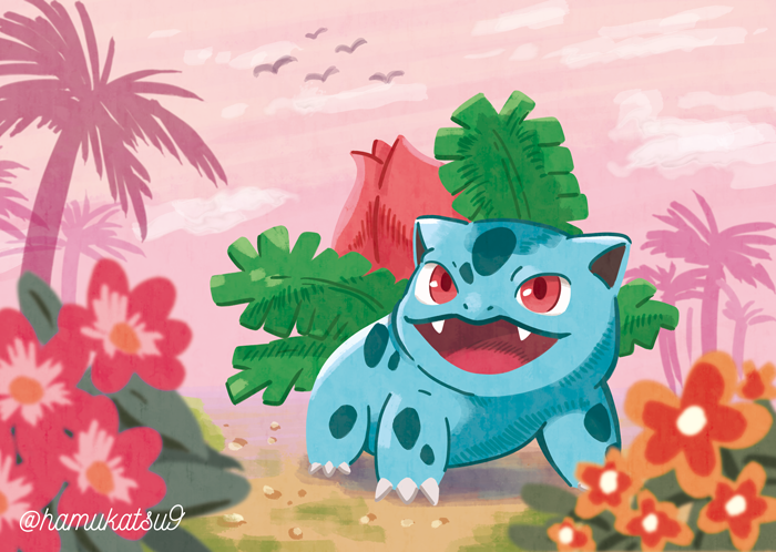 animal_focus claws commentary_request day fangs flower full_body gen_1_pokemon ivysaur ma-hain-scarlet nintendo no_humans nostrils open_mouth orange_flower outdoors palm_tree pink_flower pink_sky pokemon pokemon_(creature) red_eyes simple_bird sky solo tree tropical twitter_username