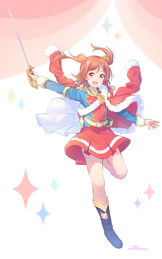 1girl :d aiguillette aijou_karen belt belt_buckle black_boots blue_jacket boots brown_hair buckle buttons commentary_request crown epaulettes floating_clothes floating_hair full_body fur-trimmed_jacket fur_trim gradient_background hand_up holding holding_sword holding_weapon horizontal-striped_skirt jacket jacket_on_shoulders leg_up long_sleeves looking_at_viewer miniskirt morugen multicolored_jacket open_hand open_mouth outstretched_arms pelisse pink_background pleated_skirt possibility_of_puberty_(sword) red_eyes red_jacket red_skirt sash short_hair short_twintails shoujo_kageki_revue_starlight shoulder_sash single_horizontal_stripe single_stripe skirt smile solo sparkle_background spread_arms standing standing_on_one_leg striped_clothes sword tassel tilted_headwear twintails two-tone_jacket two_side_up waist_cape weapon white_background white_sash white_sleeve_cuffs yellow_belt yellow_trim