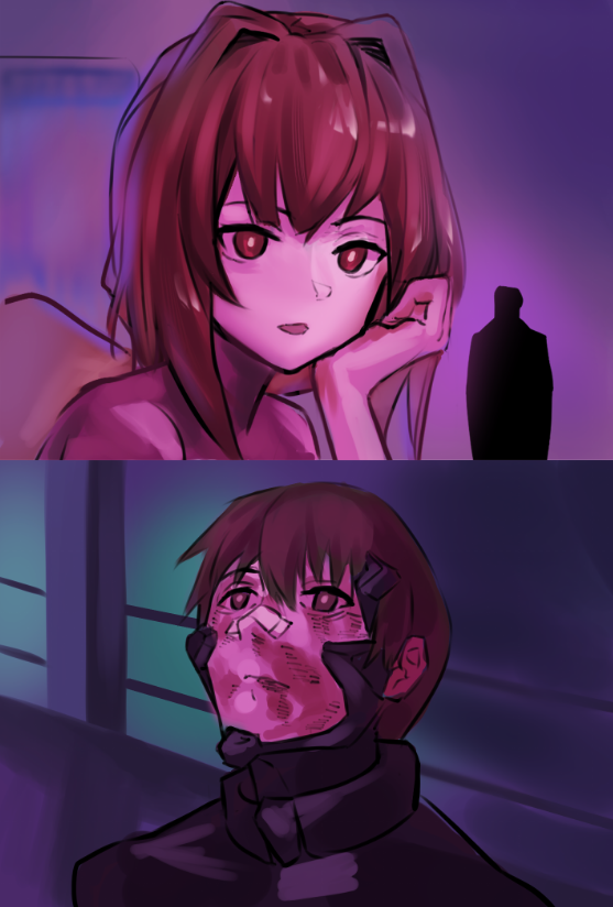 1boy 1girl bandage_on_nose bandaid blade_runner_(series) blade_runner_2049 bottle brown_eyes brown_hair fortified_suit injury kagami_sumika mecha_pilot_suit meme movie_reference muv-luv muv-luv_alternative neon_palette open_mouth parody red_eyes red_hair ribbon shirogane_takeru takasata_takina yellow_ribbon you_look_lonely_(meme)
