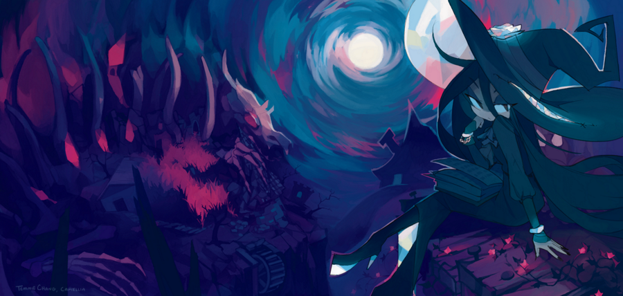 1girl arm_support ascot black_hat blackmagik_blazing boots bracelet camellia_(musician) commentary english_commentary full_body full_moon half-closed_eyes hand_on_own_face hat jewelry looking_at_viewer moon night outdoors sitting sky solo temmie_chang witch witch_hat