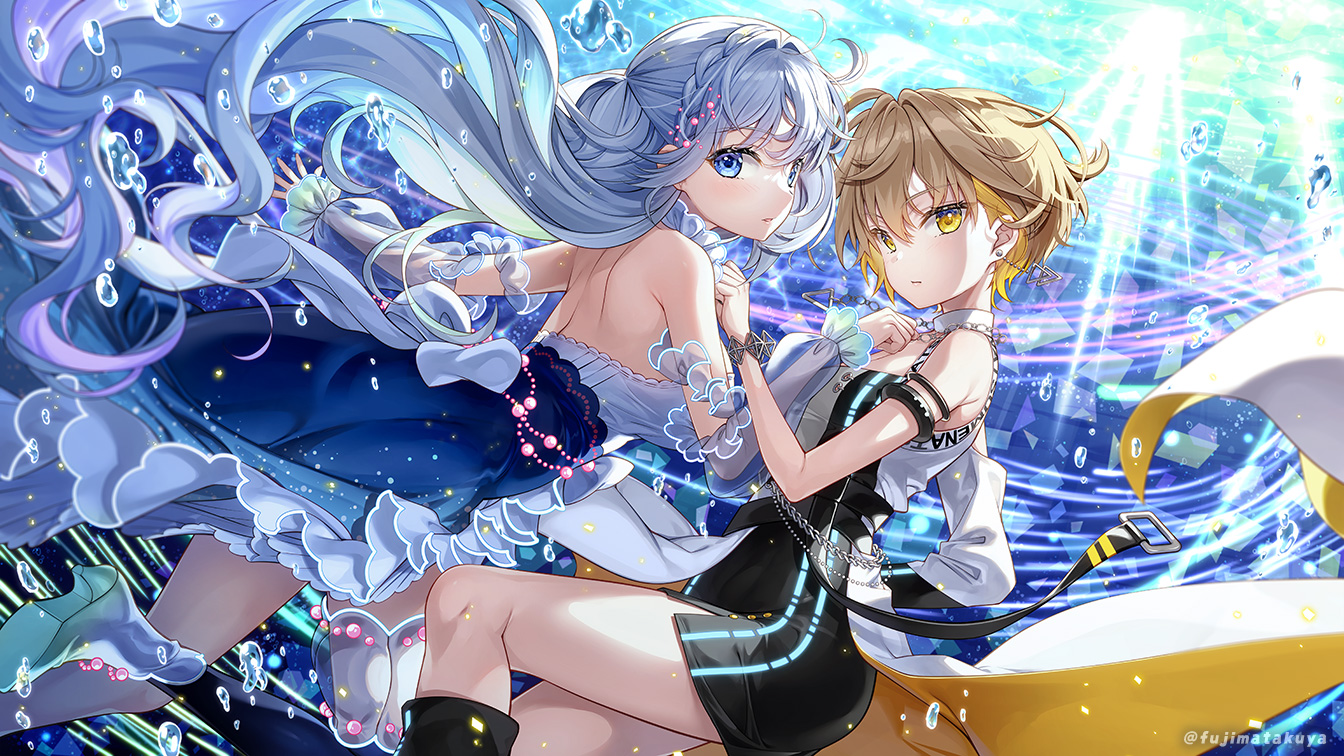 2girls aitsuki_nakuru bare_shoulders black_dress black_thighhighs blonde_hair blue_dress blue_eyes braid breasts brown_hair character_request commentary_request d4dj detached_sleeves dress earrings floating_hair fujima_takuya grey_hair hair_between_eyes hair_intakes high_heels jewelry large_breasts long_hair long_sleeves multicolored_hair multiple_girls puffy_long_sleeves puffy_sleeves see-through_clothes see-through_sleeves shoe_soles sleeveless sleeveless_dress small_breasts strapless strapless_dress stud_earrings thighhighs twitter_username two-tone_hair very_long_hair water_drop white_footwear yellow_eyes