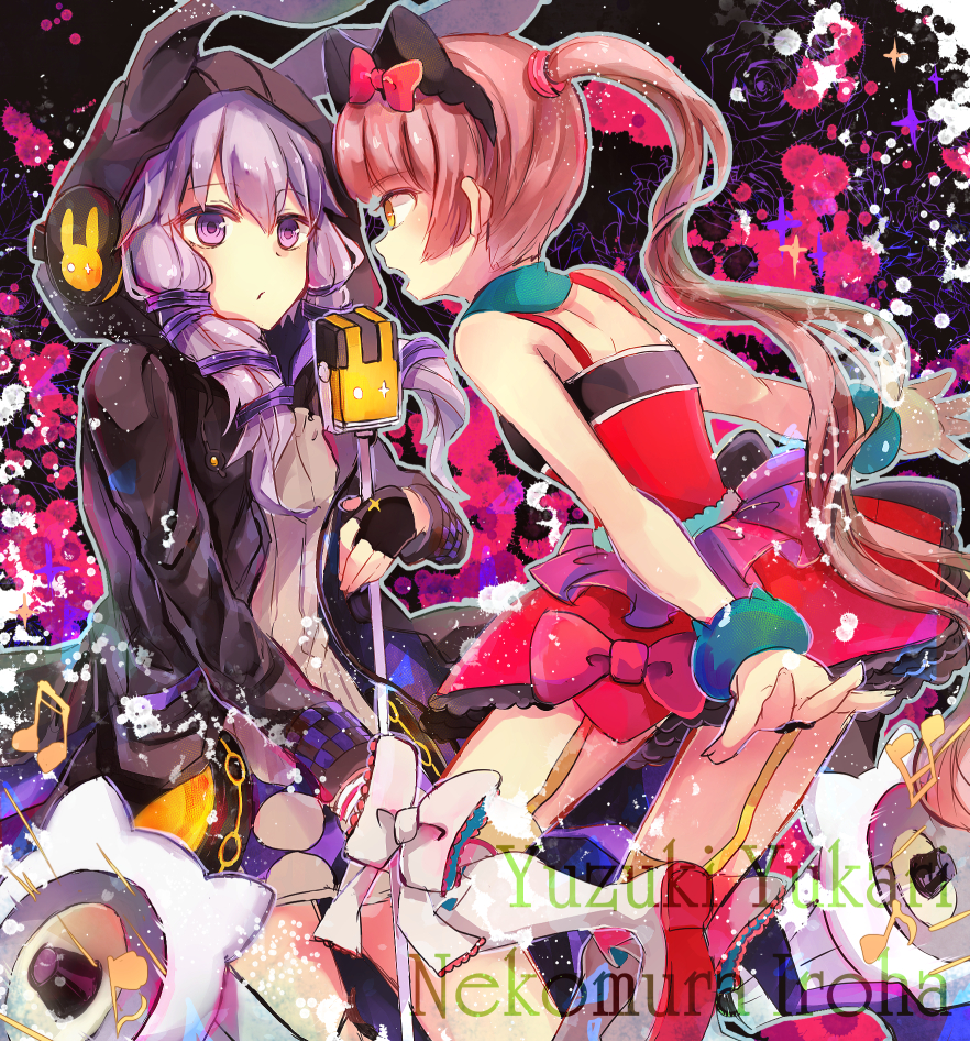 2girls animal_ears animal_hood black_gloves black_jacket boots brown_dress cat_ears dress fingerless_gloves gloves holding holding_microphone_stand hood hood_up jacket microphone_stand multiple_girls nekomura_iroha open_clothes open_jacket pink_eyes pink_hair ponytail purple_eyes purple_hair rabbit_hood red_dress suisetsu_mizuna vocaloid yuzuki_yukari yuzuki_yukari_(lin)