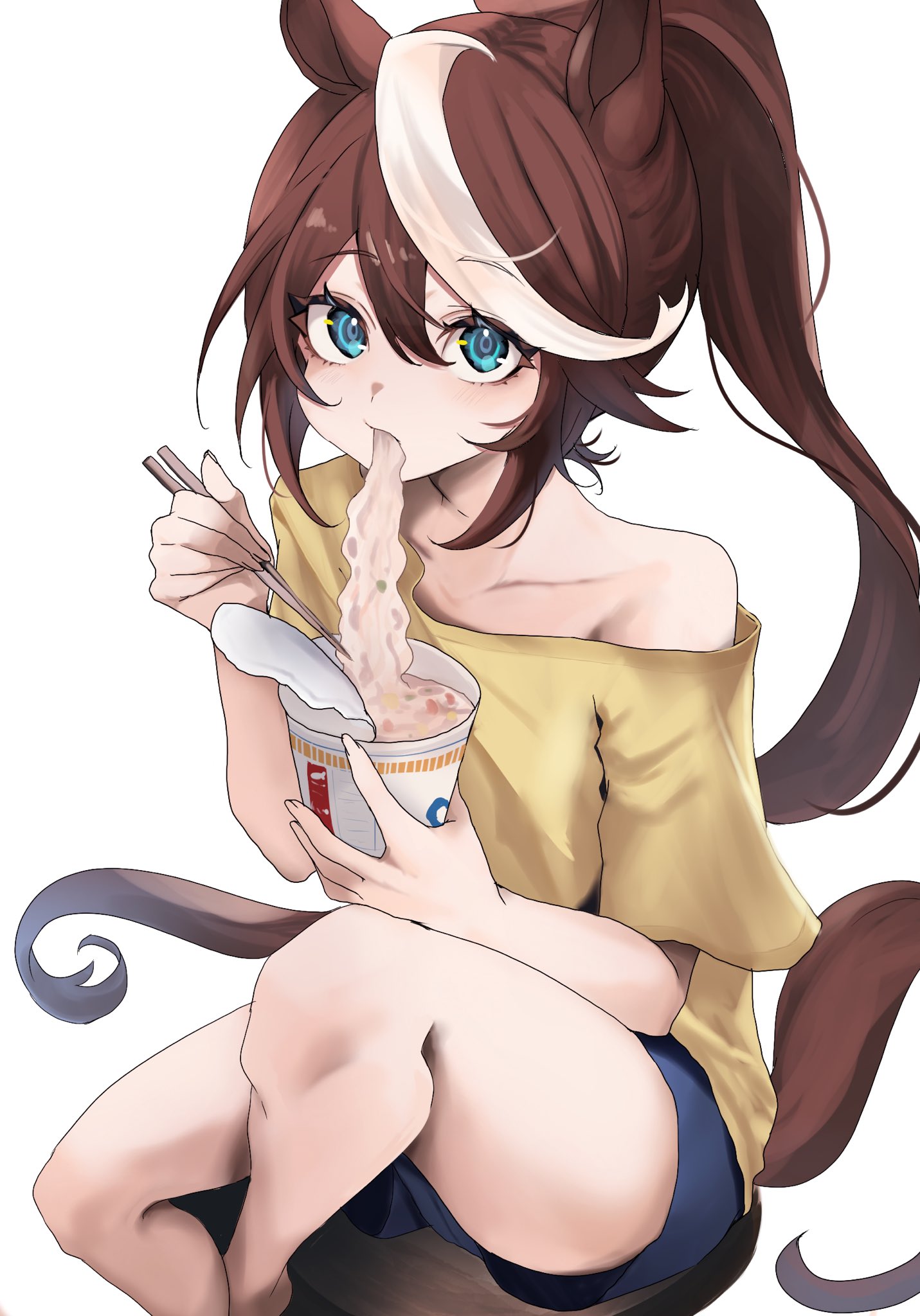 1girl animal_ears blue_eyes blue_shorts brown_hair chopsticks collarbone cup cup_ramen eating food highres holding holding_chopsticks holding_cup horse_ears horse_girl horse_tail long_hair looking_at_viewer multicolored_hair noodles ponytail ramen shirt shorts simple_background single_bare_shoulder single_off_shoulder sitting solo streaked_hair t-shirt tail toa510 tokai_teio_(umamusume) umamusume white_background white_hair yellow_shirt