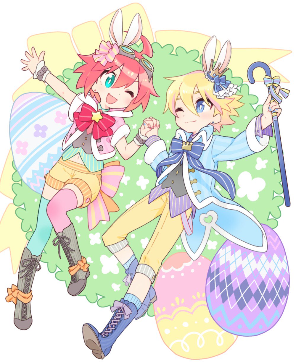 1boy 1girl ahoge alpha_omega_nova aqua_eyes blue_eyes bright_pupils couple crown easter_egg egg full_body goggles goggles_on_head holding_hands highres looking_at_another luluco mini_crown mt.somo pants red_hair short_hair shorts trigger-chan trigger_(company) uchuu_patrol_luluco yellow_pants