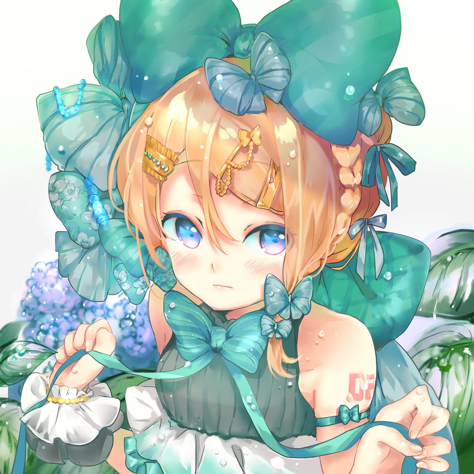 1girl aqua_bow aqua_bowtie bad_id bad_pixiv_id bare_shoulders beads blonde_hair bow bowtie bracelet braid collarbone commentary english_commentary female_focus flower gold hair_bow hair_ornament hair_ribbon highres holding holding_ribbon hydrangea jewelry kagamine_rin large_bow leaf oyamada_gamata ribbon short_hair shoulder_ribbon shoulder_tattoo sidelocks solo tattoo vocaloid water_drop white_background wristband