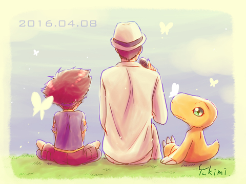 10s 2016 2boys agumon back border bug butterfly crossover dated digimon digimon_(creature) digimon_adventure digimon_adventure_tri. from_behind grass hat holding bug lowres microphone multiple_boys real_life resized signature sitting wada_kouji yagami_taichi yukimi_(kurumi-no-naruki)