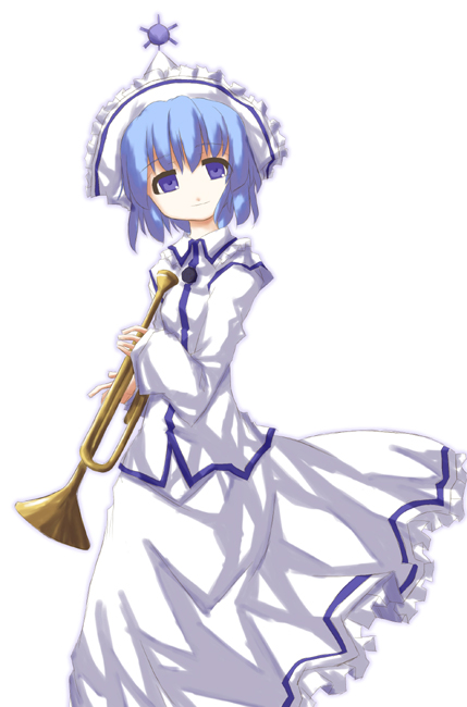 1girl blue_eyes blue_hair buttons frilled_hat frilled_shirt_collar frilled_skirt frills hat instrument long_skirt long_sleeves looking_at_viewer merlin_prismriver photoshop_(medium) sakuraba_yuuki shirt short_hair simple_background skirt solo sun_symbol touhou trumpet white_background white_hat white_shirt white_skirt