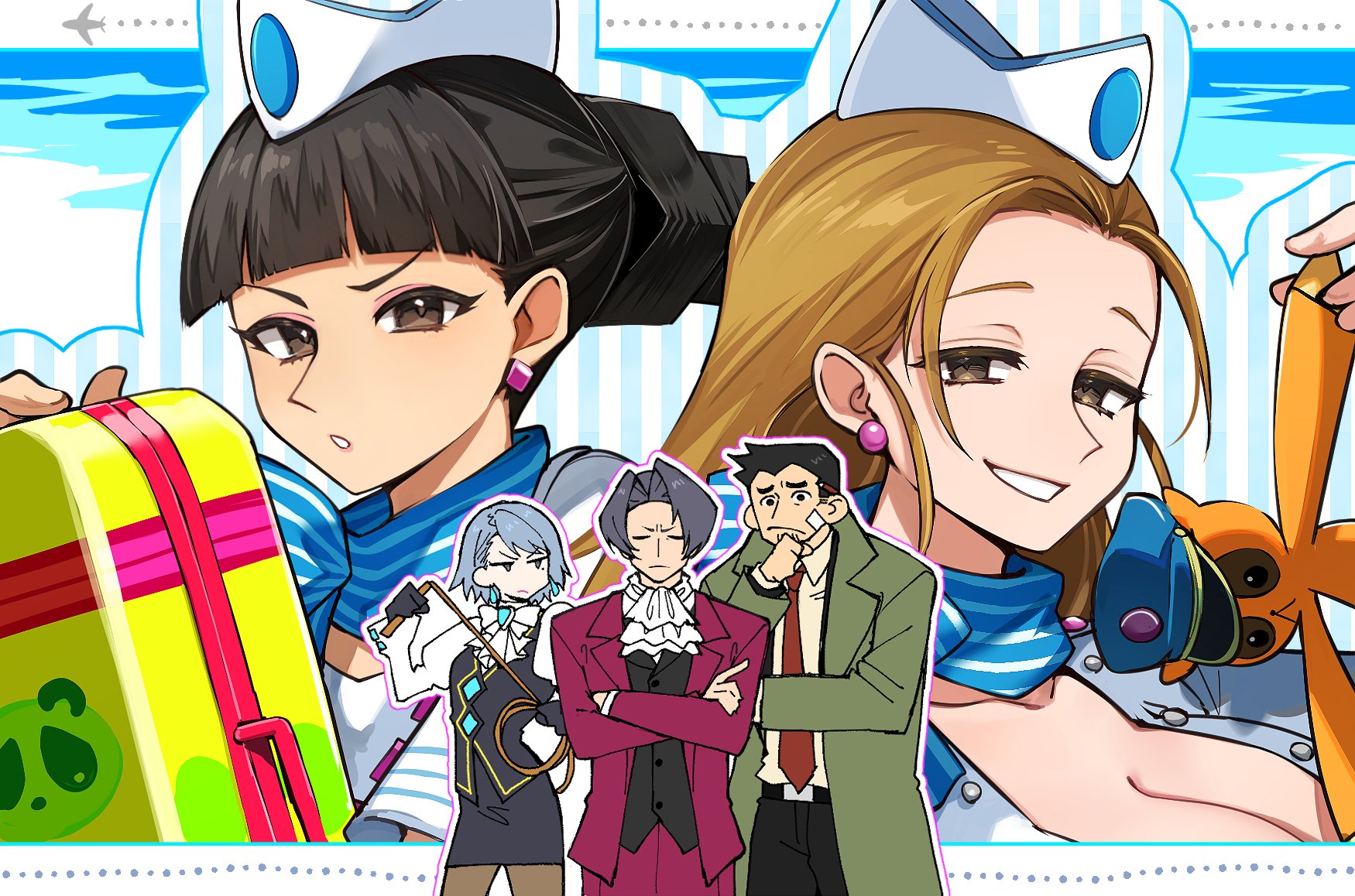 2boys 3girls ace_attorney ace_attorney_investigations aircraft airplane ascot asymmetrical_hair bandaid beard_stubble belt belt_buckle black_belt black_eyes black_pants black_skirt black_vest blue_brooch blue_scarf blunt_bangs bow bowtie breasts brown_eyes brown_hair buckle cammy_meele cleavage closed_eyes commentary crossed_arms curtained_hair diamond_earrings dick_gumshoe earrings facial_hair flight_attendant franziska_von_karma frown furrowed_brow green_jacket grey_hair grin hair_bun half-closed_eyes hand_on_own_chin hat highres holding holding_suitcase holding_whip jacket jewelry juliet_sleeves large_breasts lipstick long_hair long_sleeves looking_at_viewer makeup medium_hair miles_edgeworth mole mole_under_eye multiple_boys multiple_girls necktie open_clothes open_jacket pants pantyhose parted_lips pencil_behind_ear pencil_skirt puffy_sleeves red_jacket red_necktie red_pants rhoda_teneiro scarf shirt short_hair short_sleeves simple_background single_hair_bun skirt slow_loris smile smug sphere_earrings striped_clothes striped_scarf stroking_own_chin stubble stuffed_toy suitcase symbol-only_commentary teardrop_earrings thinking travel_attendant tsumikitsuki_(katsuobushi) unbuttoned unbuttoned_shirt uniform vest white_ascot white_bow white_bowtie white_shirt
