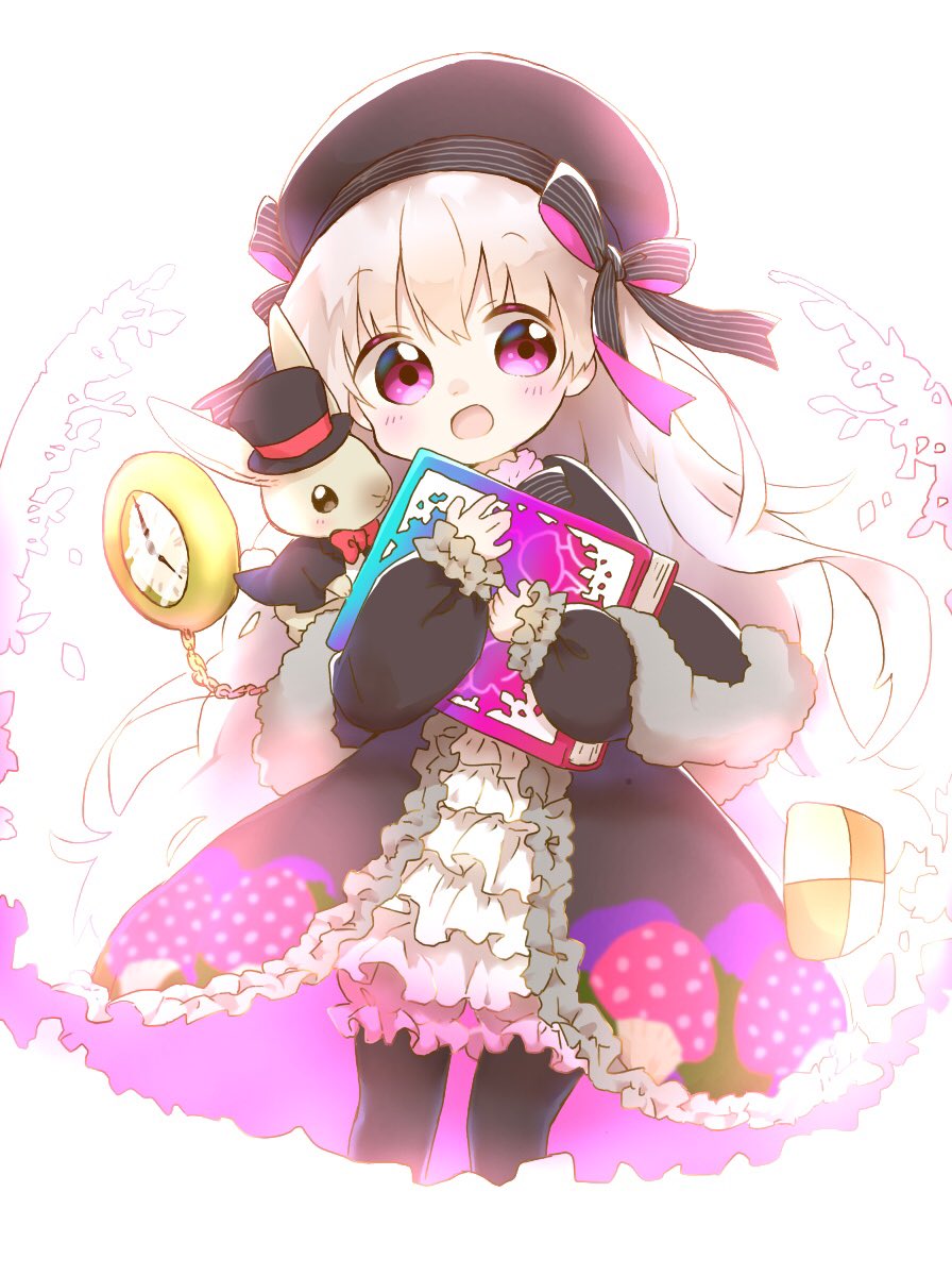 1girl :d animal animal_on_shoulder beret black_capelet black_dress black_hat black_pantyhose black_ribbon blue_jacket blush book bow bowtie capelet commentary_request cowboy_shot dress fate_(series) fur-trimmed_capelet fur_trim grey_hair hair_ribbon hat highres holding holding_book jacket long_hair long_sleeves nipeira nursery_rhyme_(fate) nursery_rhyme_(third_ascension)_(fate) open_mouth pantyhose pink_eyes rabbit red_bow red_bowtie ribbon smile solo striped_ribbon tareme top_hat two_side_up white_background