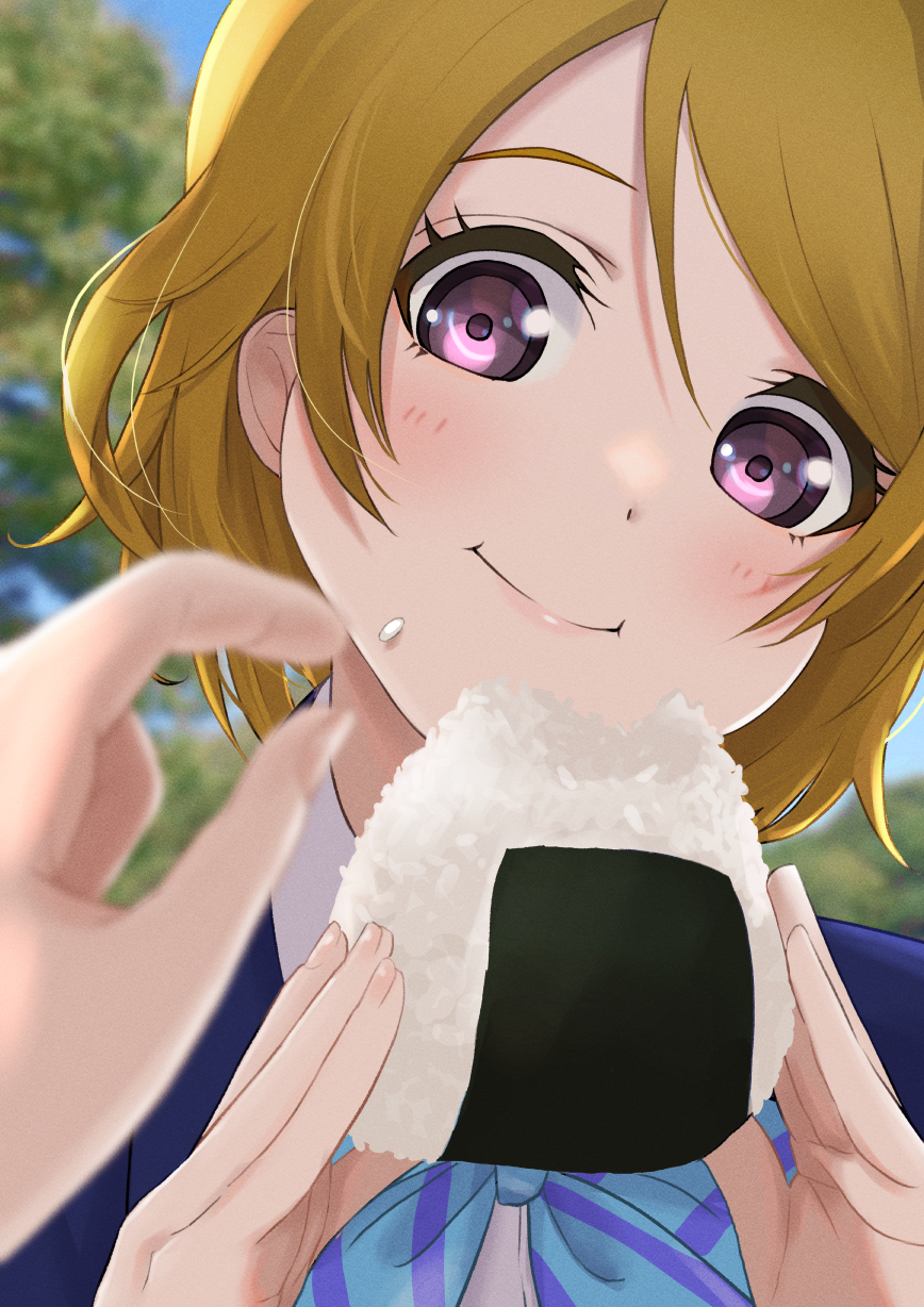 1girl blue_jacket blue_ribbon blue_sky blurry brown_hair commentary_request depth_of_field eating food food_on_face highres holding holding_food jacket koizumi_hanayo looking_at_viewer love_live! love_live!_school_idol_project neck_ribbon onigiri otonokizaka_school_uniform outdoors pink_eyes pov ribbon rice rice_on_face school_uniform shirt short_hair sky smile tree white_shirt yanase_eiwa