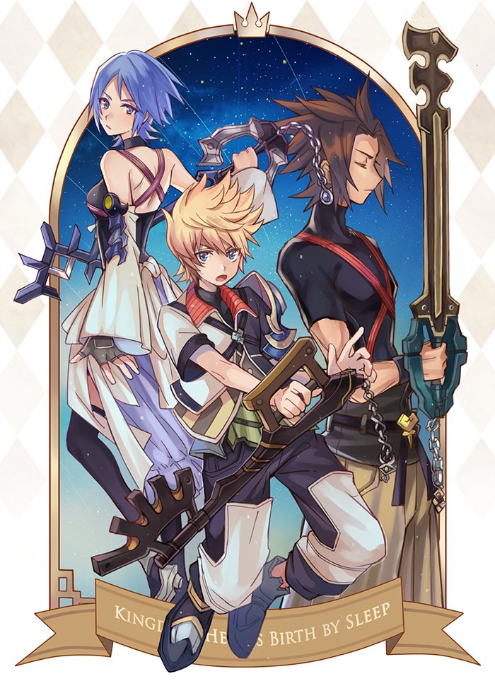 1girl 2boys aqua_(kingdom_hearts) armor bare_shoulders black_shirt black_thighhighs blonde_hair blue_eyes blue_hair breasts brown_hair chest_strap closed_eyes cowboy_shot detached_sleeves fingerless_gloves full_body gloves hair_between_eyes halterneck holding holding_weapon keyblade kingdom_hearts kingdom_hearts_birth_by_sleep long_sleeves looking_at_viewer looking_back medium_breasts medium_hair multiple_boys open_mouth parted_bangs shirt short_hair short_sleeves shoulder_armor spiked_hair swept_bangs terra_(kingdom_hearts) thighhighs tight_clothes tight_shirt turtleneck ventus_(kingdom_hearts) weapon yurichi_(artist)