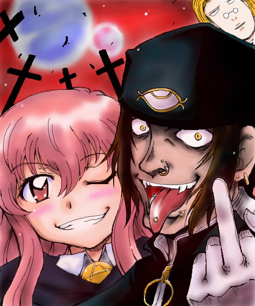 1girl 2boys artist_request beanie blonde_hair brown_hair cheek-to-cheek crazy_smile cross crossover dark_skin earrings fangs glasses gloves grin hair_between_eyes hat heads_together hellsing high_collar jan_valentine jewelry jpeg_artifacts lip_piercing long_hair louise_francoise_le_blanc_de_la_valliere luke_valentine middle_finger moon multiple_boys nose_piercing one_eye_closed open_mouth piercing pink_eyes pink_hair slit_pupils smile tongue tongue_out tongue_piercing vampire wink yellow_eyes zero_no_tsukaima zipper