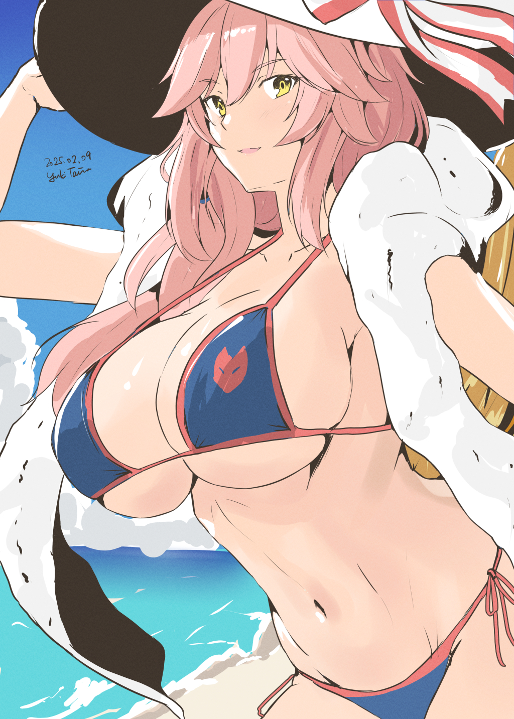 1girl animal_ear_fluff animal_ears bare_shoulders beach bikini blue_bikini blush breasts cleavage collarbone fate/grand_order fate_(series) fox_ears fox_girl fox_tail hat highres large_breasts long_hair looking_at_viewer navel pink_hair shore sidelocks smile solo sun_hat swimsuit tail taira_yuuki tamamo_(fate) tamamo_no_mae_(fate) tamamo_no_mae_(swimsuit_lancer)_(fate) tamamo_no_mae_(swimsuit_lancer)_(second_ascension)_(fate) white_hat yellow_eyes