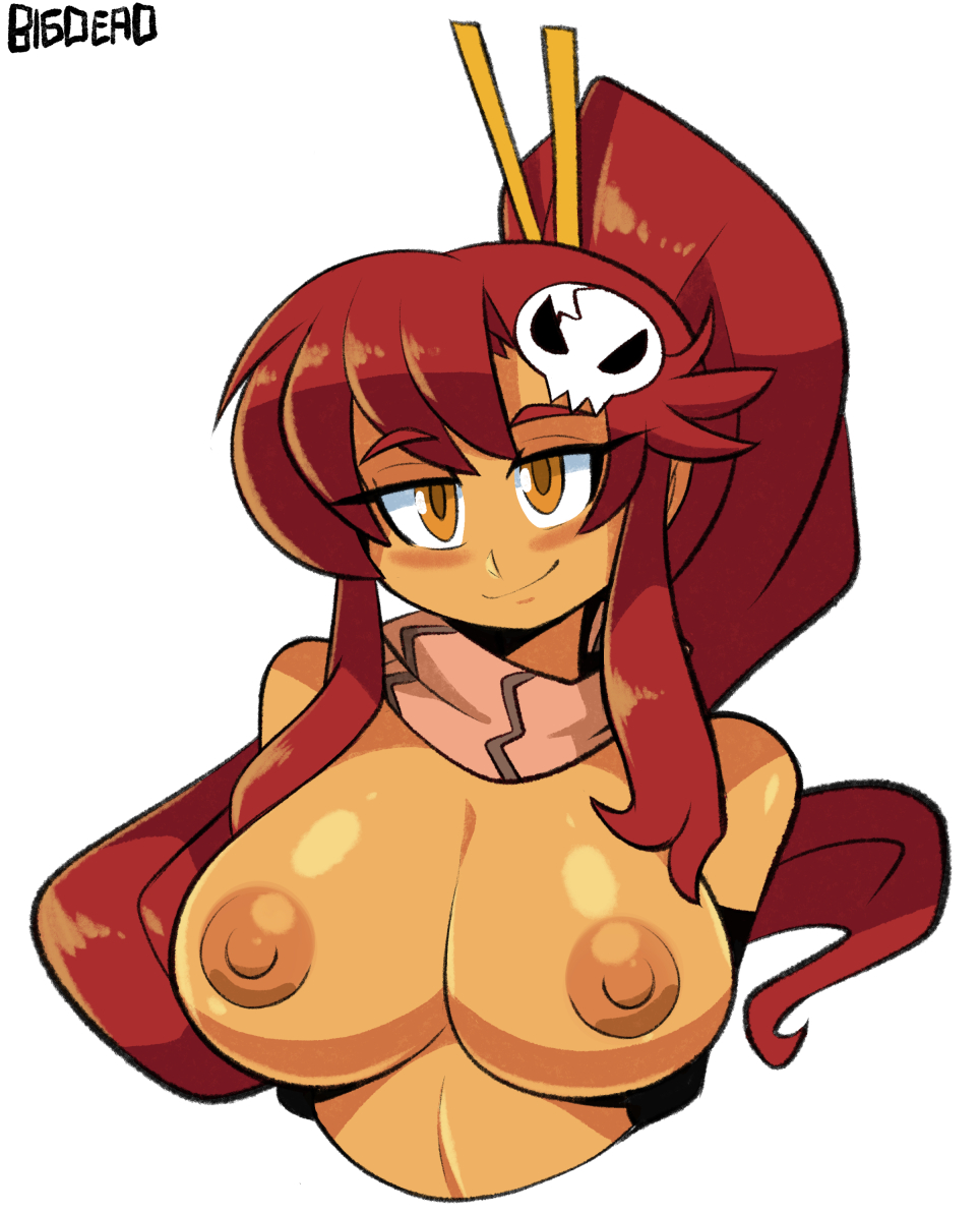 1girl arms_behind_back artist_name bigdead black_gloves blush breasts cleavage closed_mouth cropped_torso elbow_gloves gloves hair_ornament large_breasts long_hair looking_at_viewer nipples ponytail red_hair scarf simple_background skull_hair_ornament smile solo tan tengen_toppa_gurren_lagann topless_female very_long_hair white_background yellow_eyes yoko_littner