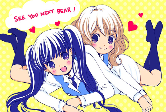 2girls :3 blue_hair blush brown_hair character_request couple english_text happy heart kneehighs long_hair lying morishima_akiko multiple_girls official_art on_stomach purple_eyes smile socks twintails yellow_background yuri yuri_kuma_arashi