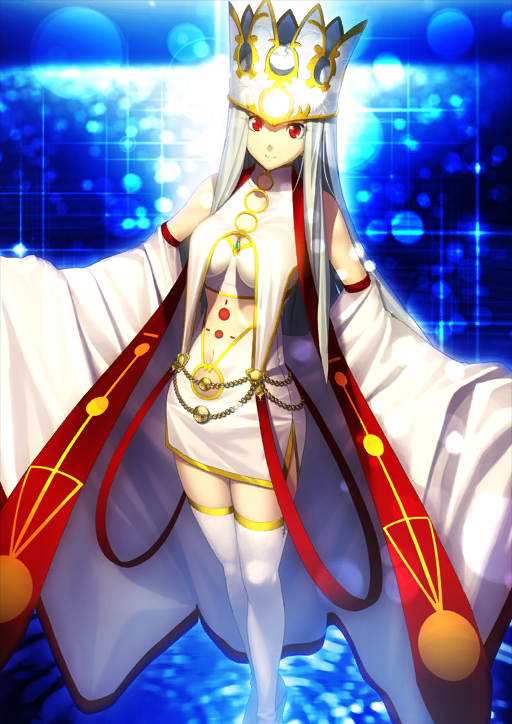 1girl above_cleavage_cutout bare_shoulders blue_background blurry bokeh boots breasts breasts_apart closed_mouth clothing_cutout crop_top crown depth_of_field detached_sleeves dress_of_heaven fate/grand_order fate_(series) feet_out_of_frame halterneck high_collar irisviel_von_einzbern irisviel_von_einzbern_(caster) legs_together long_hair long_sidelocks looking_at_viewer medium_breasts miniskirt navel official_art red_eyes shima_udon shirt side_slit sidelocks skirt sleeveless sleeveless_shirt smile solo standing stole thigh_boots third-party_source white_boots white_crown white_hair white_shirt white_skirt white_sleeves
