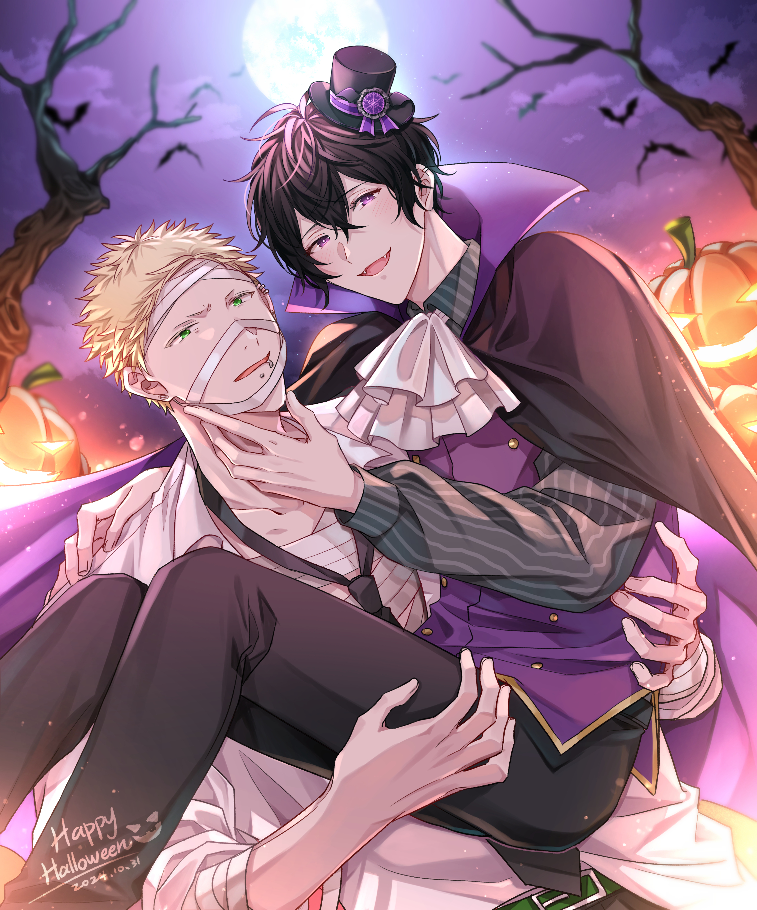 2boys absurdres ascot black_cape black_hat blonde_hair cape cosplay dated dracula dracula_(cosplay) feet_out_of_frame given green_eyes grey_shirt hair_between_eyes halloween happy_halloween hat highres kaji_akihiko long_sleeves looking_at_viewer male_focus moon multiple_boys murata_ugetsu night night_sky pinoli_(pinoli66) purple_ribbon purple_sky purple_vest ribbon shirt short_hair sky vest white_ascot yaoi