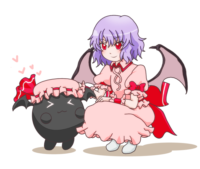 &gt;_&lt; 1boy 1girl :3 bat_wings black_skin blue_hair blush bow chibi closed_eyes colored_skin crossover fernandez hat hat_ribbon heart m.u.g.e.n mob_cap pink_hat puffy_sleeves red_bow red_eyes remilia_scarlet ribbon sharing short_hair short_sleeves smile squatting torikokoro touhou waist_bow waku_waku_7 wings wrist_cuffs x3