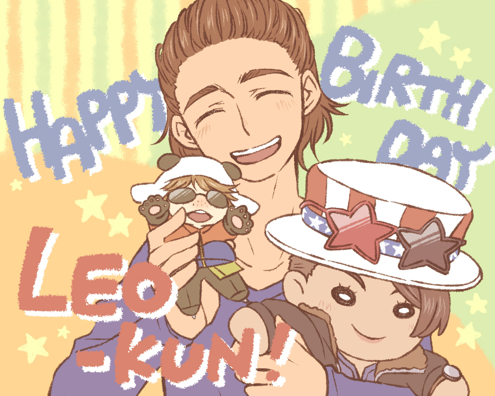 1boy ^_^ brown_hair character_doll character_name closed_eyes doll happy_birthday hat ji_guang-hong leo_de_la_iglesia leo_de_la_iglesia&#039;s_coach male_focus open_mouth panda_hat smile snowchild sunglasses top_hat yuri!!!_on_ice
