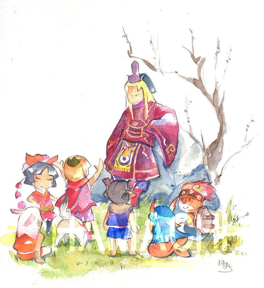 3girls 4boys character_request chibiterasu hakama hakama_skirt hamachi_(kuchiba) japanese_clothes kagura_(ookami) kuninushi kuro_(ookami) long_hair mermaid monster_girl multiple_boys multiple_girls nanami_(ookami) ookami_(game) ookamiden painting_(medium) signature skirt smile sugawara_michizane traditional_media watercolor_(medium) wolf