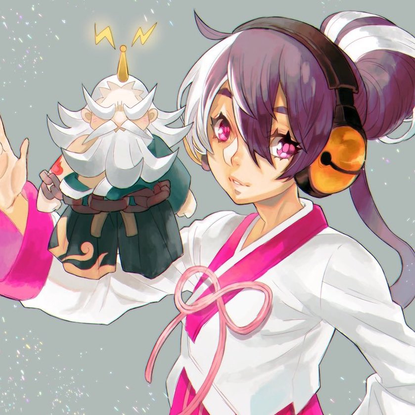 1girl guilty_gear guilty_gear_xrd hair_bun headphones korean_clothes kum_haehyun kum_jonryoku long_hair long_sleeves looking_at_viewer multicolored_hair parted_lips pink_eyes purple_hair single_hair_bun two-tone_hair white_hair wireless yohane_shimizu