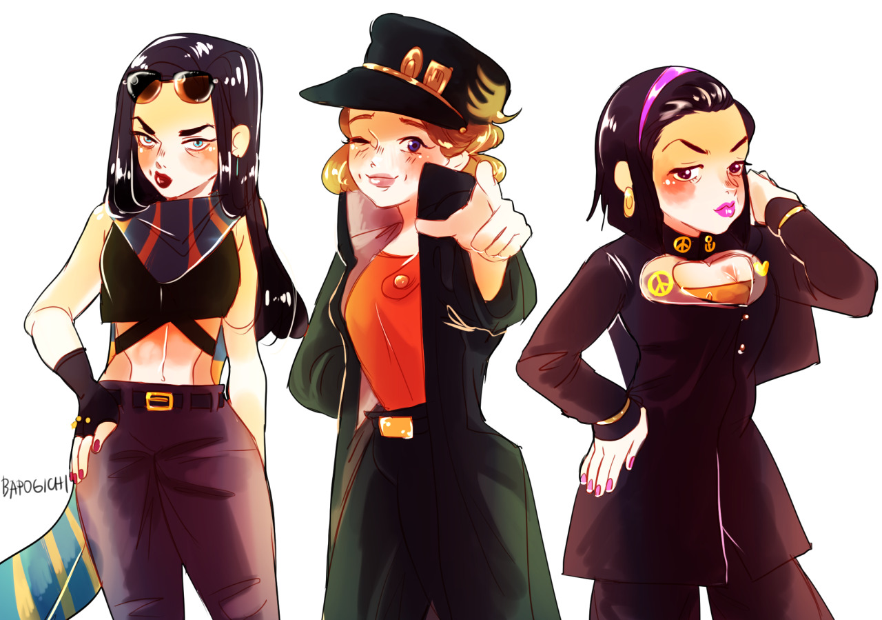 3girls bapogichi battle_tendency belt breasts briefcase brown_hair coat cosplay crop_top diamond_wa_kudakenai fingerless_gloves gloves hat higashikata_josuke higashikata_josuke_(cosplay) higashikata_tomoko jojo_no_kimyou_na_bouken jojo_pose joseph_joestar joseph_joestar_(young) joseph_joestar_(young)_(cosplay) kuujou_holly kuujou_joutarou kuujou_joutarou_(cosplay) lisa_lisa long_hair long_sleeves looking_at_viewer makeup mature_female medium_breasts midriff multiple_girls one_eye_closed pants red_lips red_nails scarf school_uniform short_hair stardust_crusaders sunglasses
