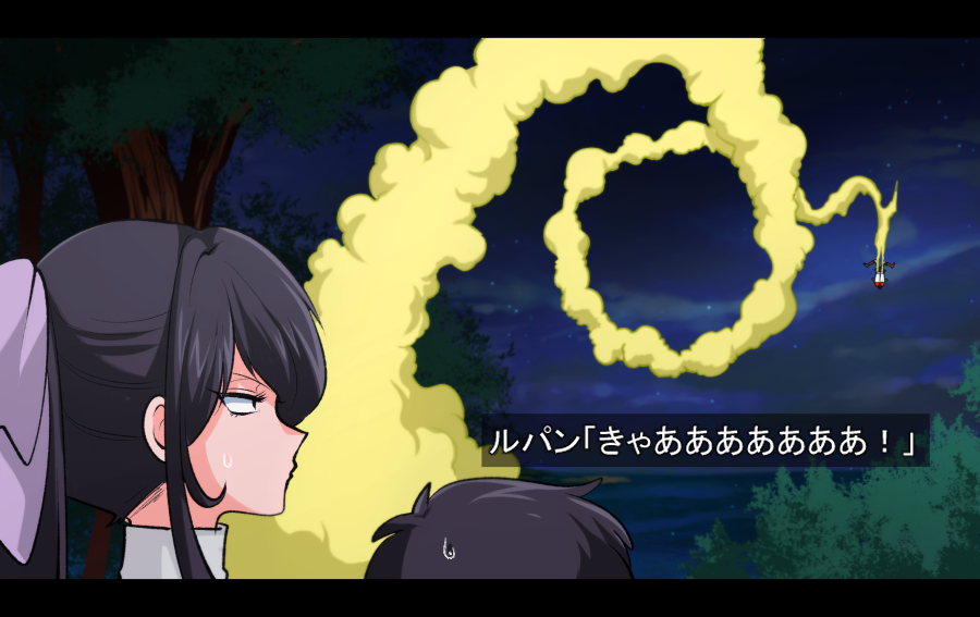 3girls black_hair boots bow bowtie grandaughter_of_goemon grandaughter_of_jigen grandaughter_of_lupin_iii green_jacket hair_bow hair_over_eyes hakama hakama_skirt hood hooded_jacket jacket japanese_clothes long_hair long_skirt lupin_iii marimo_(yousei_ranbu) medium_hair multiple_girls no_socks pants petals ponytail ribbon rocket rope school_uniform shirt short_hair skirt socks translation_request wide_sleeves