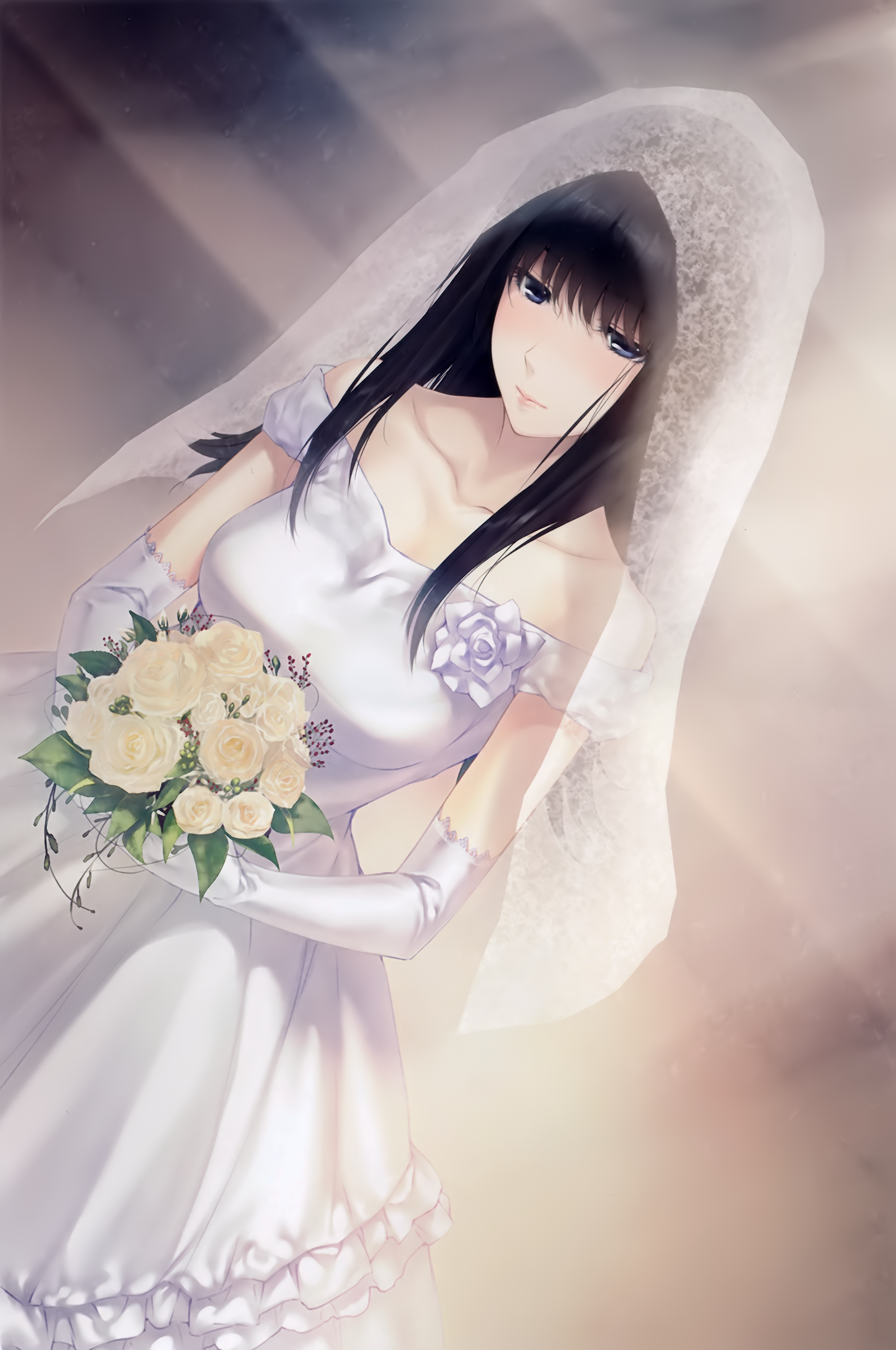 1girl absurdres bare_shoulders black_hair blue_eyes blush bouquet bridal_veil bride collarbone dress dutch_angle elbow_gloves flower gloves highres holding holding_bouquet innocent_grey kara_no_shoujo_2 kuchiki_touko long_hair official_art rose scan solo spoilers stairs sugina_miki veil wedding wedding_dress white_dress white_flower white_gloves white_rose white_veil