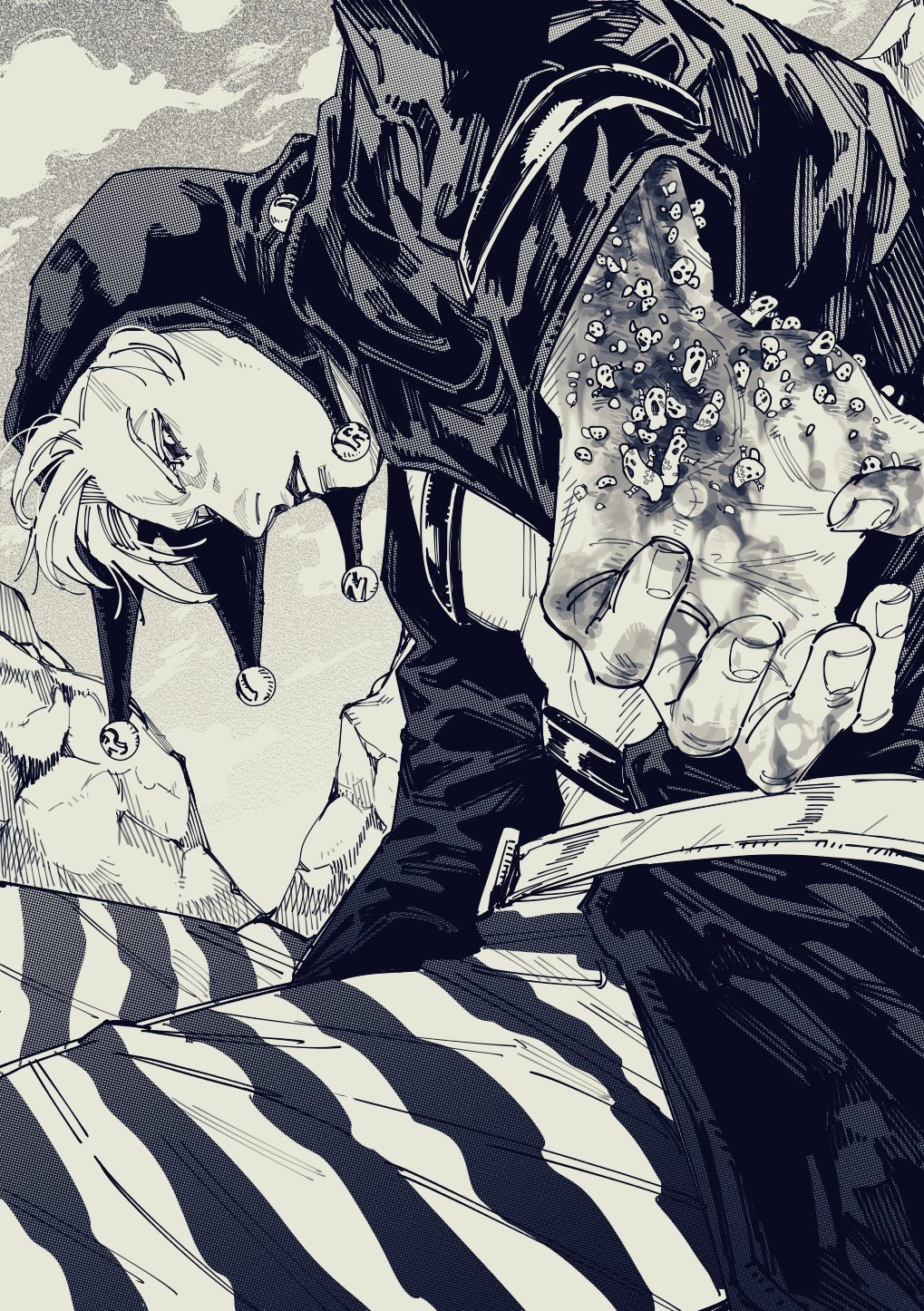 1boy belt black_sclera colored_sclera greyscale highres hood jojo_no_kimyou_na_bouken long_sleeves looking_at_viewer male_focus metallica_(stand) monochrome pants parted_lips risotto_nero rock solo stand_(jojo) striped_clothes striped_pants teeth tsukaikata_wa_wakaru vento_aureo