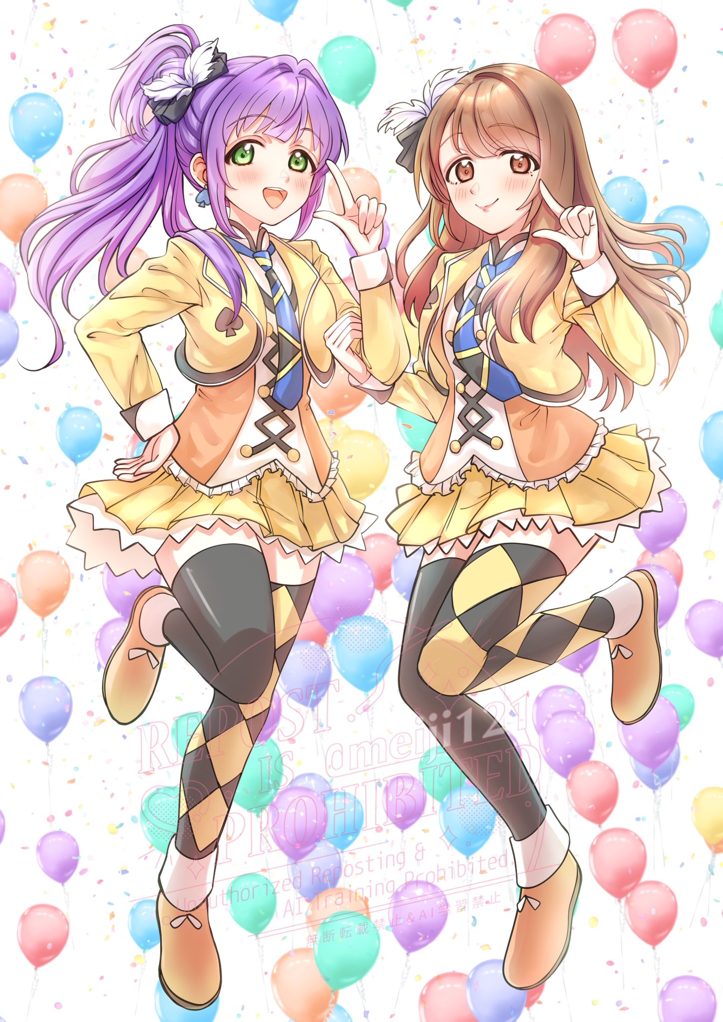 2girls :d animification argyle_clothes argyle_thighhighs ayase_eli ayase_eli_(cosplay) balloon black_bow black_thighhighs blue_necktie blush bow brown_eyes brown_hair closed_mouth collared_shirt commentary_request cosplay cropped_jacket cross-laced_clothes cross-laced_top flower_stand_art full_body green_eyes hair_bow hair_bun hair_intakes hanamiya_nina hand_on_own_hip highres index_finger_raised jacket link!_like!_love_live! long_hair long_sleeves love_live! love_live!_school_idol_project love_live!_series_asia_tour_2024 love_live!_the_school_idol_movie meiji_(mosamoo3) miniskirt mismatched_thighhighs multiple_girls necktie open_clothes open_jacket open_mouth orange_shirt orange_shoes otomune_kozue pleated_skirt purple_hair real_life shirt shoes side_ponytail sidelocks single_side_bun skirt smile sunny_day_song thighhighs virtual_youtuber voice_actor voice_actor_connection watermark white_background yellow_jacket yellow_skirt yellow_thighhighs zettai_ryouiki