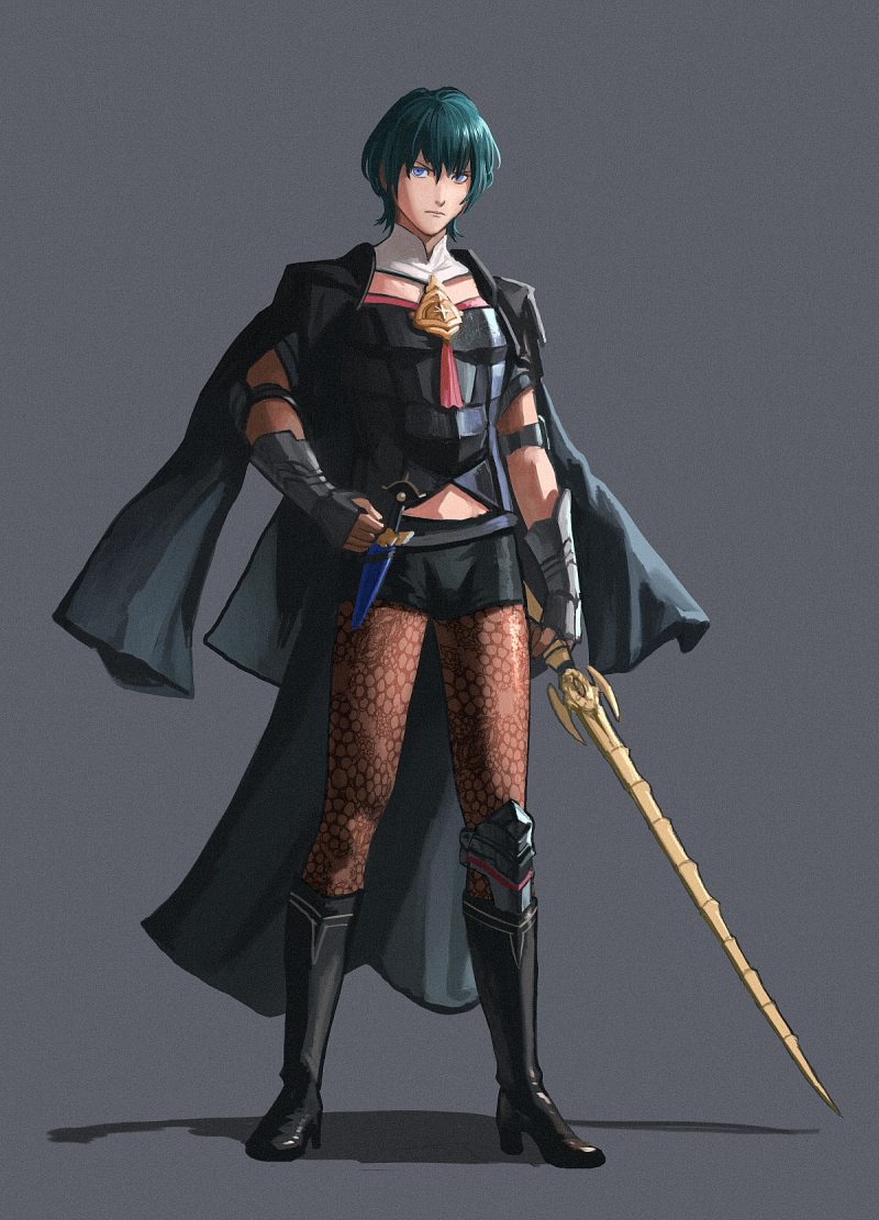 1boy black_boots black_cape black_shorts blue_eyes bodice boots brown_pantyhose bustier cape closed_mouth clothing_cutout cosplay crossdressing crossdressing_(mtf) dagger female_byleth_(fire_emblem) female_byleth_(fire_emblem)_(cosplay) fire_emblem fire_emblem:_three_houses full_body green_hair grey_background hair_between_eyes hand_on_own_hip high_heel_boots high_heels holding holding_sword holding_weapon knee_boots knife looking_at_viewer male_byleth_(fire_emblem) male_focus navel_cutout nintendo pantyhose pantyhose_under_shorts patterned_legwear print_pantyhose self_cosplay shadow short_hair shorts simple_background solo standing sword sword_of_the_creator vetsa weapon