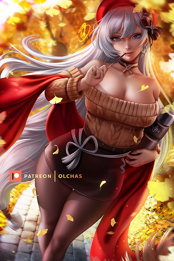 1girl autumn_leaves azur_lane belfast_(azur_lane) belfast_(shopping_with_the_head_maid)_(azur_lane) breasts coat grey_hair hat large_breasts leaf long_hair olchas pantyhose pen scarf skirt sweater tagme white_hair