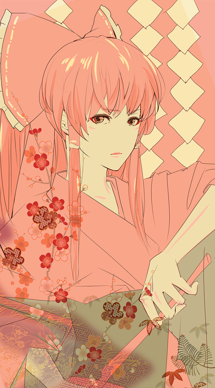 1girl bow branch eyeliner female_focus flower gohei hair_tubes hakurei_reimu japanese_clothes jibi kimono long_hair looking_at_viewer makeup pale_skin patterned petals pink_eyes pink_hair pink_theme profile red_eyeliner simple_background solo touhou traditional