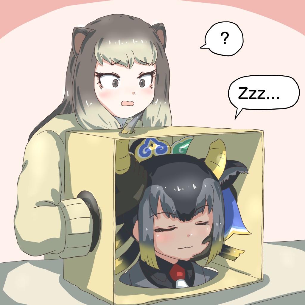 2girls ? alpine_marmot_(kemono_friends) animal_ears black_eyes black_hair blonde_hair box broken_horn brown_hair closed_eyes closed_mouth confused eyelashes furrowed_brow gloves goshingyu-sama_(kemono_friends) grey_hair grey_horns hand_on_another&#039;s_cheek hand_on_another&#039;s_face horn_grab horns kemono_friends light_blush light_smile long_hair long_sleeves looking_at_object mukouyama_mu multicolored_hair multiple_girls open_mouth ox_ears ox_horns sleeping sleeping_upright speech_bubble spoken_question_mark sweater tan two-tone_hair yellow_horns zzz